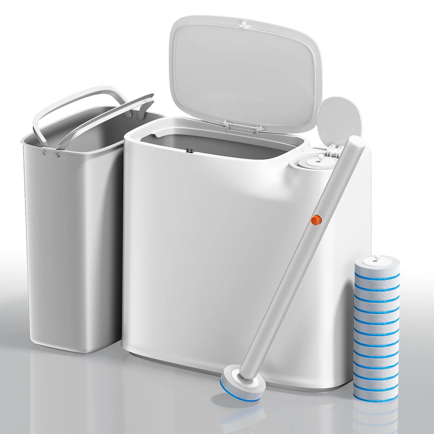 Bathroom Trash Can with Disposable Toilet Cleaning System, Garbage Can with Removable Inner Bucket, Slim Wastebasket for Toilet, RV , White