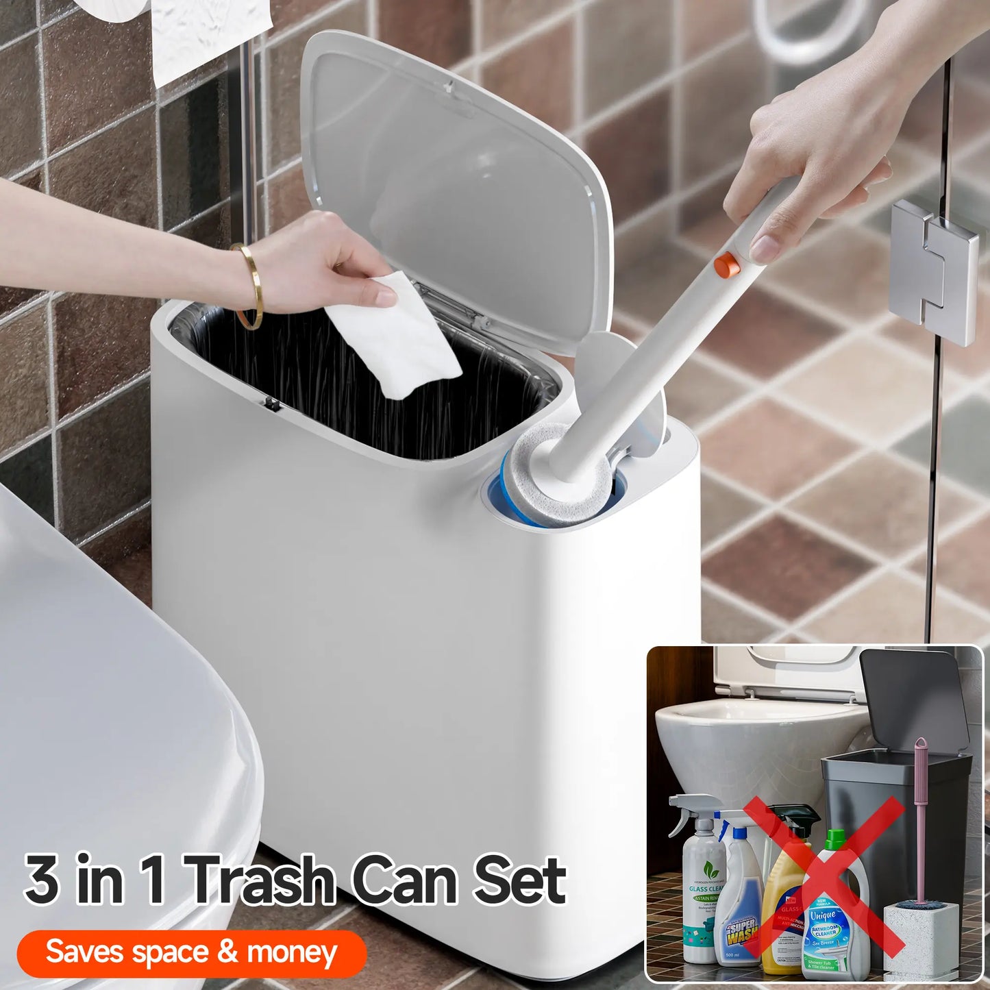 Bathroom Trash Can with Disposable Toilet Cleaning System, Garbage Can with Removable Inner Bucket, Slim Wastebasket for Toilet, RV , White