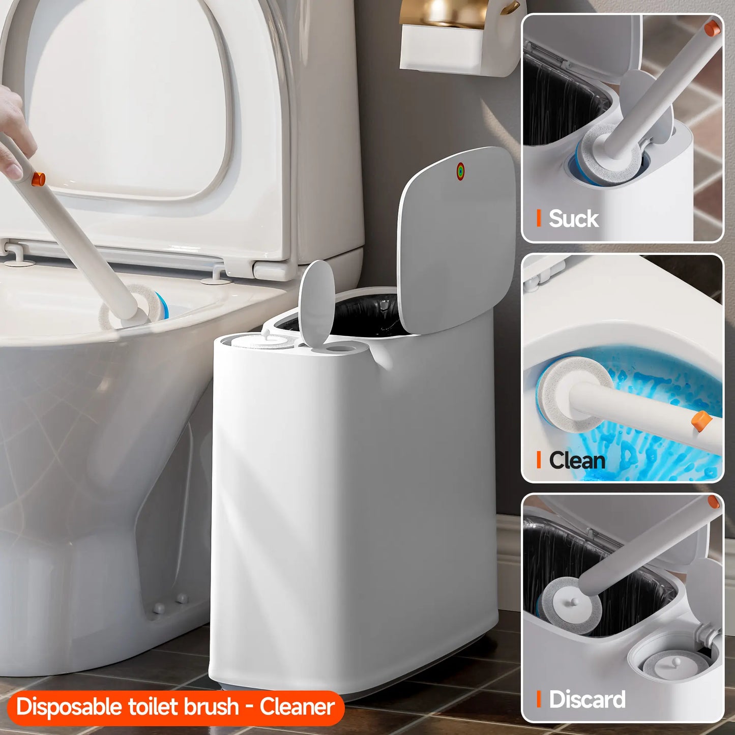 Bathroom Trash Can with Disposable Toilet Cleaning System, Garbage Can with Removable Inner Bucket, Slim Wastebasket for Toilet, RV , White